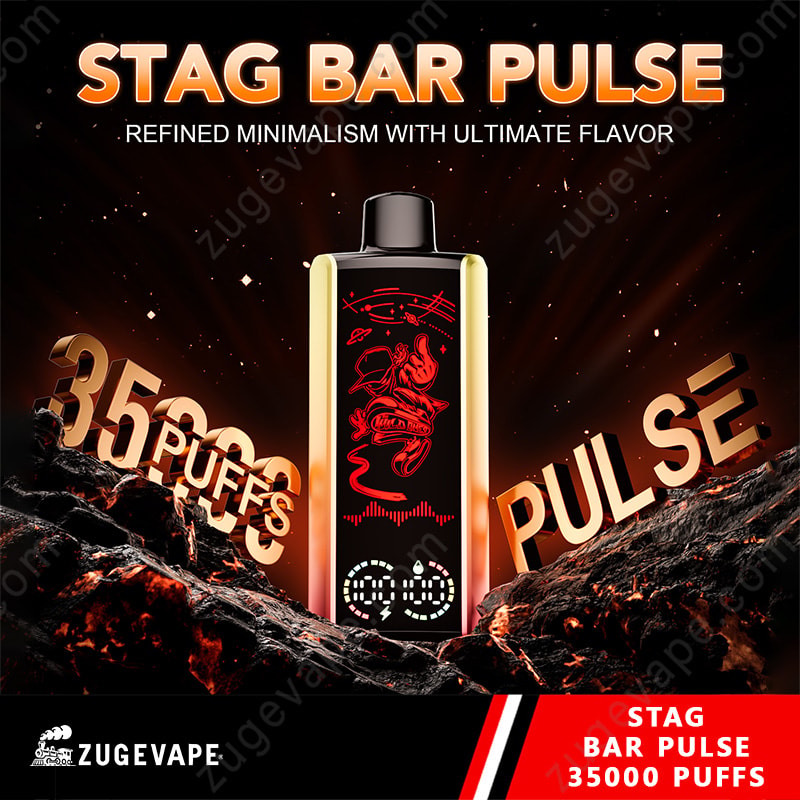 Stag Bar Pulse 35000 Puffs 35K LED Display Vape jetable (entrepôt de l'UE) 4 Dispositif de vape d'impulsion de barre de cerf avec un boîtier noir et or entouré de braises et de rochers éclatantes, mettant en évidence 35000 bouffées et un minimalisme raffiné avec une saveur ultime, marquée par Zugevape