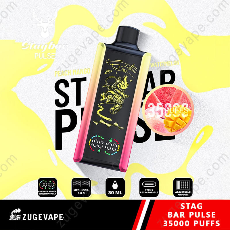Stag Bar Pulse 35000 Puffs 35K LED Display Vape jetable (entrepôt de l'UE) 9 Dispositif de vape d'impulsion Stagbar avec une mangue de pêche et une saveur de pastèque, avec une illustration d'un personnage avec des éléments spatiaux sur le corps noir, des panneaux latéraux jaunes à rose, entourés d'icônes indiquant un écran électrique e-liquide, une bobine de maille de 1,0 ohm, une capacité de 30 ml, un reharget de type C et un flux d'air réglable, avec une étiquette de 35000 bouffées.