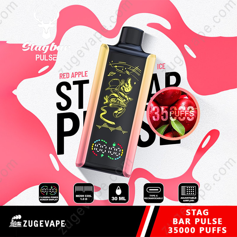 Stag Bar Pulse 35000 Puffs 35K LED Display Vape jetable (entrepôt de l'UE) 8 Dispositif de vape jetable noir et or étiqueté Pulse de la barre de cerf Implace de pomme rouge, entourée de graphiques et d'icônes de pomme rouge indiquant 35000 bouffées, de la capacité e-liquide de 30 ml, de la bobine de maillage, de la recharge USB-C et du flux d'air réglable, réglé sur un fond abstrait blanc et rouge avec la marque Zugevape.