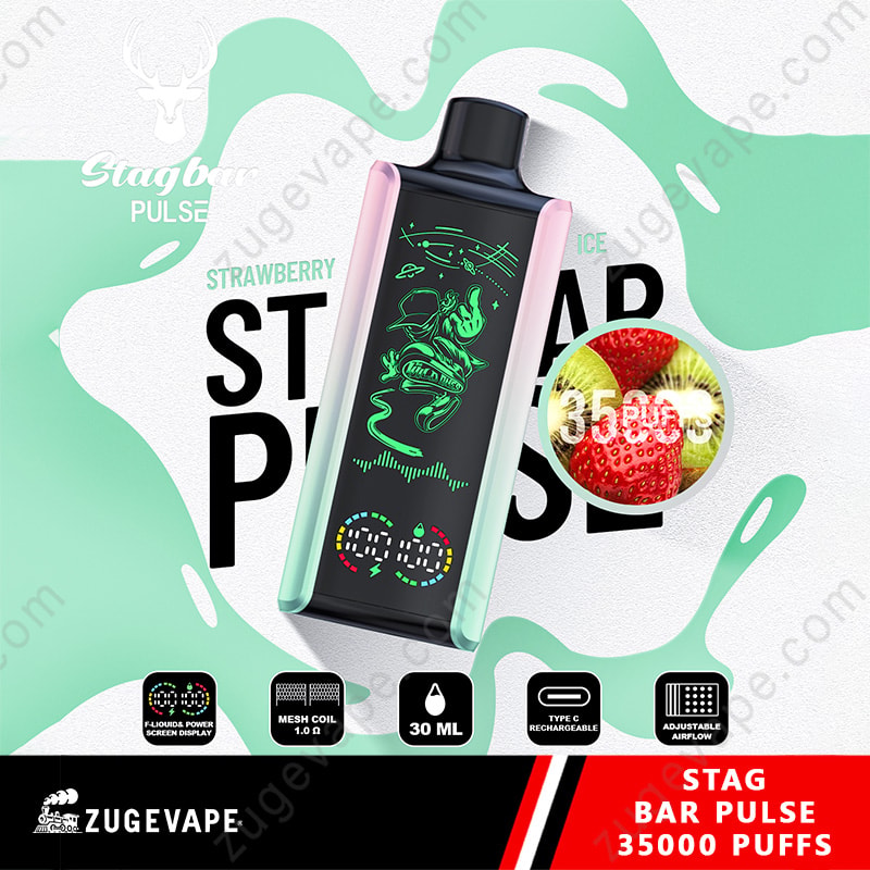 Stag Bar Pulse 35000 Puffs 35K LED Display Vape jetable (entrepôt de l'UE) 7 Dispositif de vape à impulsions Stagbar noir et pastel avec design graphique vert, entouré d'images de fruits de fraise et de kiwi, et de texte mettant en évidence 35 000 bouffées, une capacité de 30 ml, une bobine de maille, une recharge de type C et des caractéristiques de débit d'air réglables.