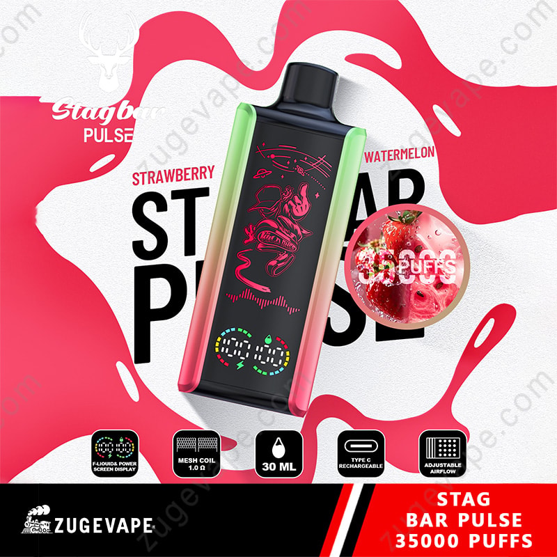 Stag Bar Pulse 35000 Puffs 35K LED Display Vape jetable (entrepôt de l'UE) 6 Dispositif de vape d'impulsion de barre de cerf avec des saveurs de fraise et de pastèque, avec 35000 bouffées, une capacité liquide de 30 ml, une bobine en filet en filet de 1,0 ohm, une recharge de type C USB et un flux d'air réglable, affiché sur un fond rose et blanc avec des images de saveur.