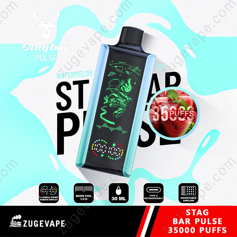 Stag Bar Pulse 35000 Puffs 35K LED Display Vape jetable (entrepôt de l'UE) 5 Un dispositif de vape jetable en bleu noir et clair élégant étiqueté de la glace à pastèque d'impulsion Stagbar, avec une conception futuriste et un affichage numérique, avec une image en encart de pastèque fraîche et le texte 35000 Puffs, aux côtés d'icônes indiquant un écran électrique e-liquide, un flux d'aération de 1,0 mesh, 30 ml, une capacité de type C de type C et un flux d'air ajusté.