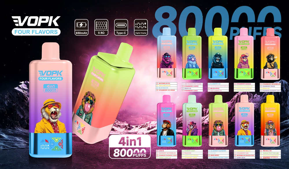 Vopk Four Flavors 80000 Puffs 4 In 1 Flavors 80K Disposable Vape 12 Vopk Four Flavors 80000 Puffs Pods With Animal Character Illustrations In A Cosmic Mountain Background, Highlighting 8000 Puffs, 650Mah Battery, 0.9Ω Coil, Type-C Charging, And Digital Display Features.