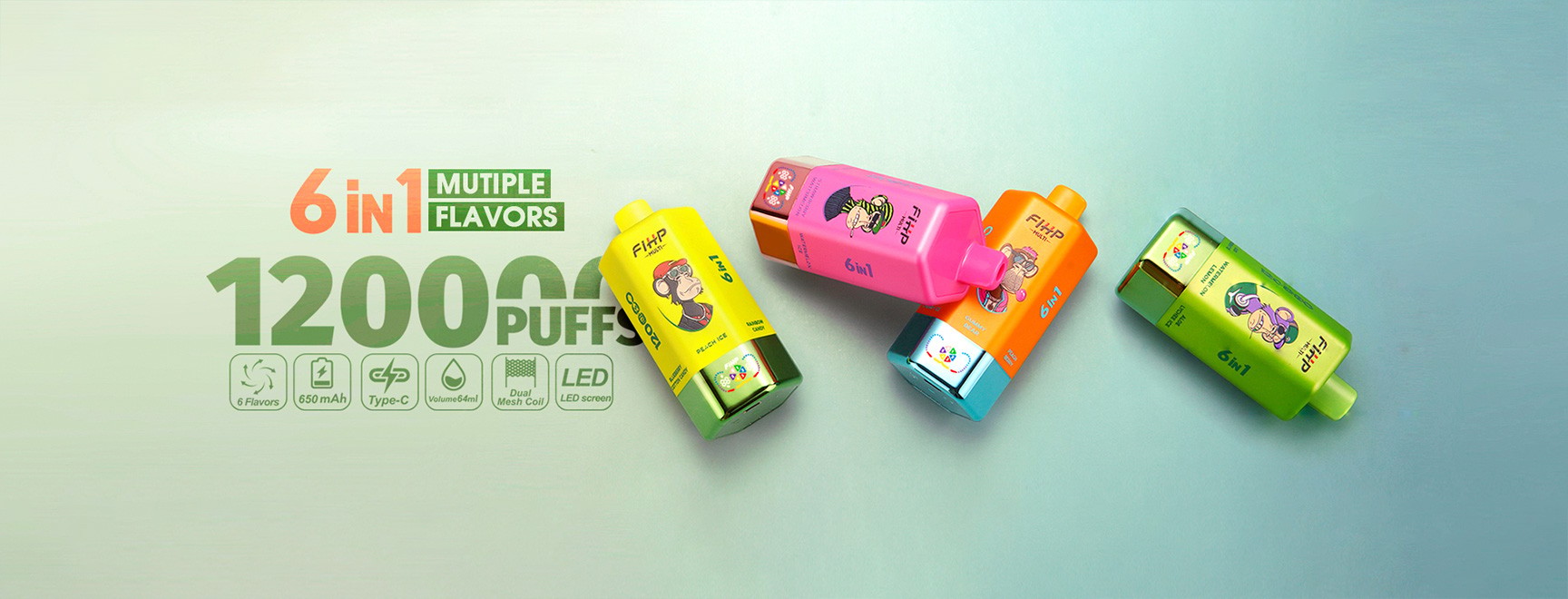 Six colorful disposable vape devices arranged diagonally on a pastel gradient background, featuring 6 in 1 and 1200 PUFFS with icons for 6 flavors, 650 mAh, Type-C, volume 64 ml, dual mesh coil, and LED screen.