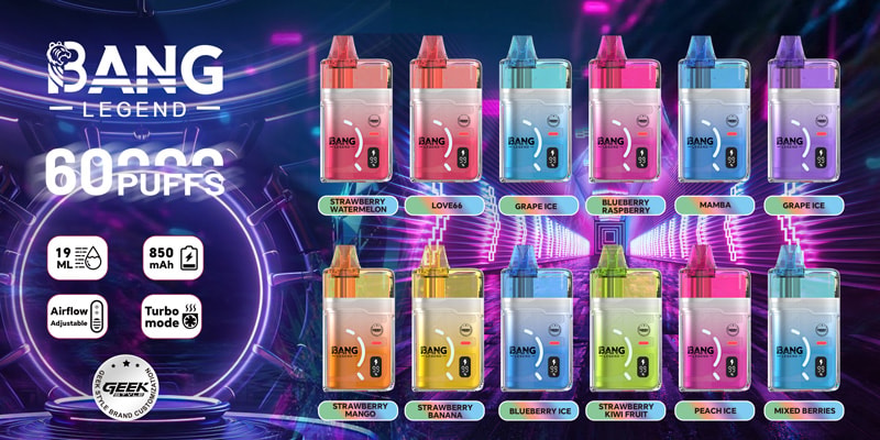 Det är en reklambanner för Bang Legend Geek 60K Vape-enheter med “60 000 puffar.” .