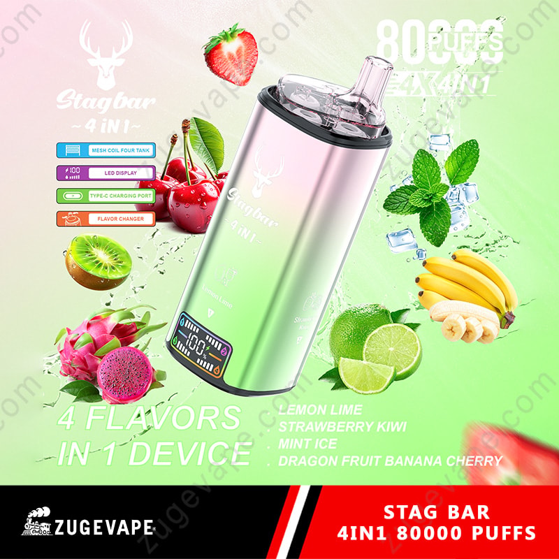 Un appareil de vape 4-en-1 dégradé Stagbar incliné avec un affichage numérique, entouré de fraise, de kiwi, de citron vert, de menthe et de bananes.