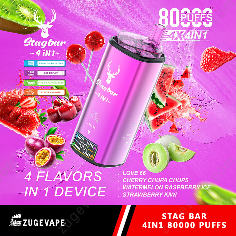 Appareil à vape 4 en 1 Pink Stagbar, quatre saveurs : Love 66, Cherry Chupa Chups, Pastèque Framboise Ice, Fraise Kiwi.