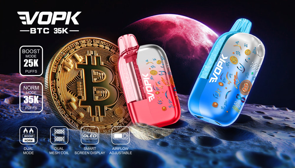 Vopk Btc 35K Smart Dual Mode Clear Oil Window Vape - Débit d'air réglable | 35000 Puffs 13 Les pods Vopk BTC 35000 Puffs en rose et bleu flottent à côté d'un Bitcoin géant sur un paysage lunaire, mettant en évidence les modes Puff 25K/35K.