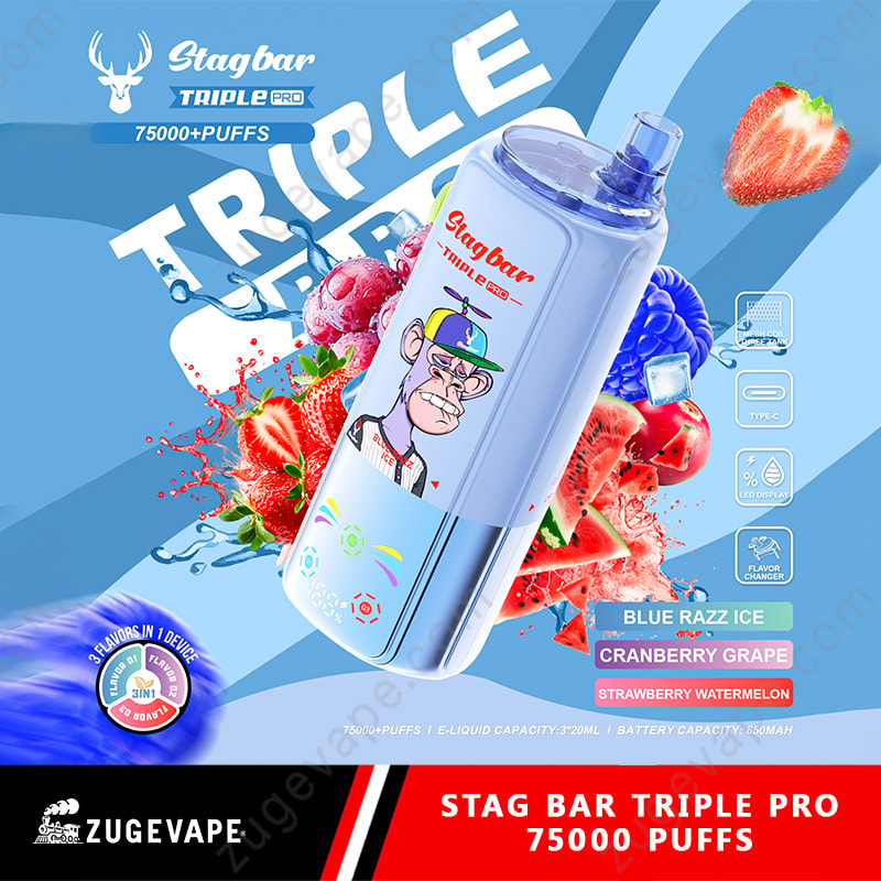 Stag Bar Triple Pro 75000 Puffs 75K 3 In 1 Flavors Vape (Eu Warehouse) 11 Pod Vape Triple Pro Stag Bar traslucido blu con etichetta cartoon; Sapori Blue Razz Ice e uva mirtillo rosso.