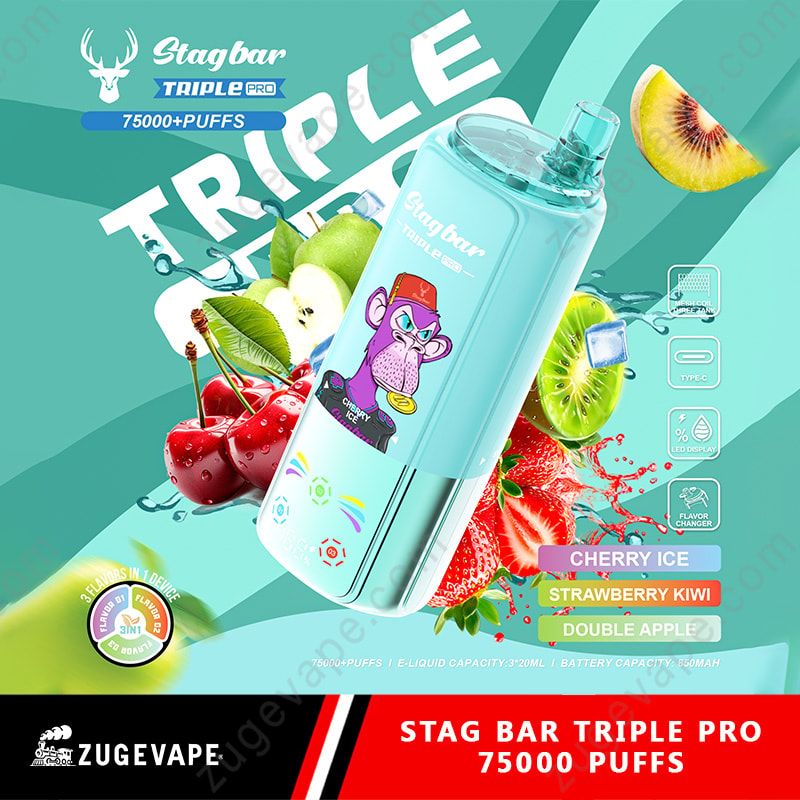 Stag Bar Triple Pro 75000 Puffs 75K 3 in 1 sapori Vape (magazzino UE) 10 Dispositivo di vaporizzazione turchese inclinato tra la grafica della frutta, con una scimmia di cartone animato sull'etichetta, che promuove Stag Bar Triple Pro con oltre 75000 sbuffi.