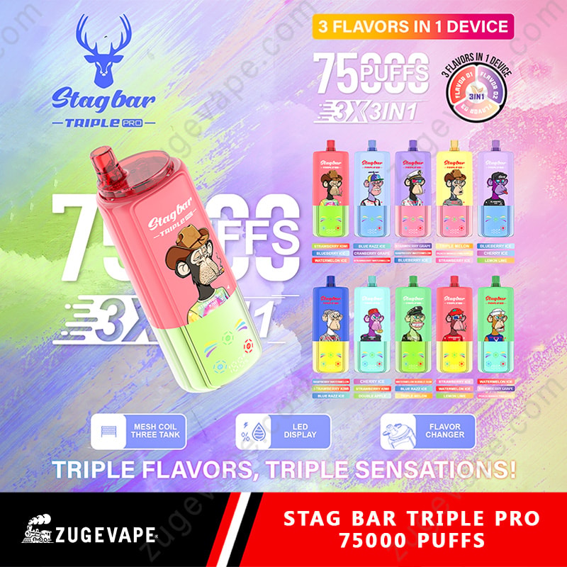 Stag Bar Triple Pro 75000 Puffs 75K 3 in 1 Aromi Vape (Magazzino UE) 2 Vape usa e getta Stag Bar Triple Pro in rosa e lime con il logo di un cervo; Fila di bottiglie di aromi sulla destra.