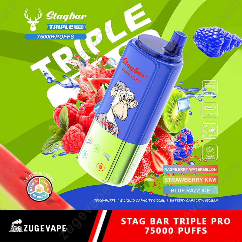 Stag Bar Triple Pro 75000 Puffs 75K 3 in 1 sapori Vape (magazzino UE) 9 Dispositivo di vaporizzazione Triple Pro Stag Bar blu e lime con una scimmia cartone animato, circondata da grafica colorata di frutta e un grande striscione triplo.