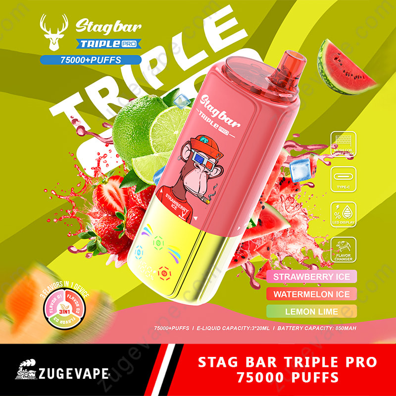 Stag Bar Triple Pro 75000 Puffs 75K 3 in 1 sapori Vape (magazzino UE) 7 Dispositivo E-Liquid Triple Pro colorato Stag Bar con sfumatura da rosa a giallo e scimmia cartone animato, in mezzo a lime e fragola.