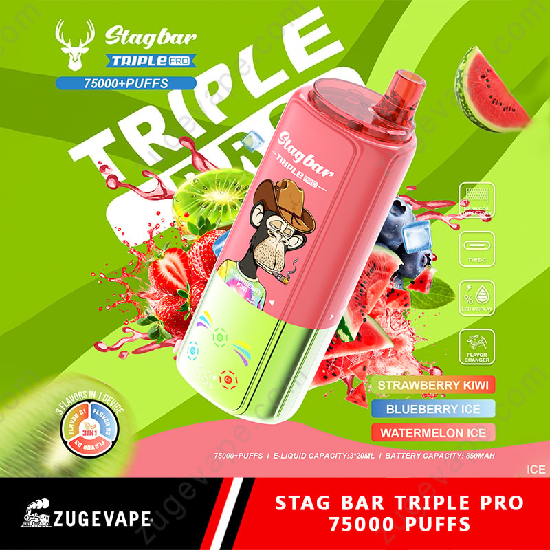 Stag Bar Triple Pro 75000 Puffs 75K 3 in 1 sapori Vape (magazzino UE) 6 Annuncio Triple Pro Stag Bar verde brillante che mostra una bottiglia di vaporizzatore dal rosa al verde con un cane cartone animato con un cappello, circondato da schizzi di frutta.