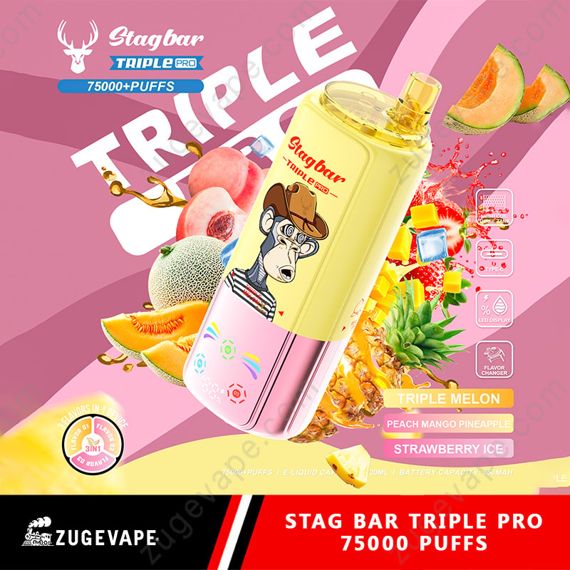 Stag Bar Triple Pro 75000 Puffs 75K 3 in 1 sapori Vape (magazzino UE) 5 Pod Vape bicolore giallo e rosa con una scimmia cartone animato in un cappello, tra frutti tropicali e marchio Triple Pro 75000 Puffs