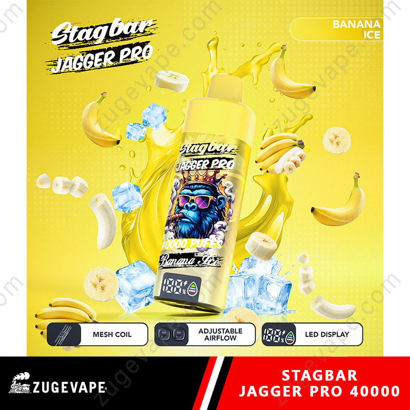 Stag Bar Jagger Pro 40000 Puffs Smart Screen Adjustable Airflow 40K Vape (Eu Warehouse) 23 Bright Ad For Stagbar Jagger Pro Banana Ice Vape Juice, Featuring A Bottle With A Blue Gorilla Logo Amid Bananas And Ice.