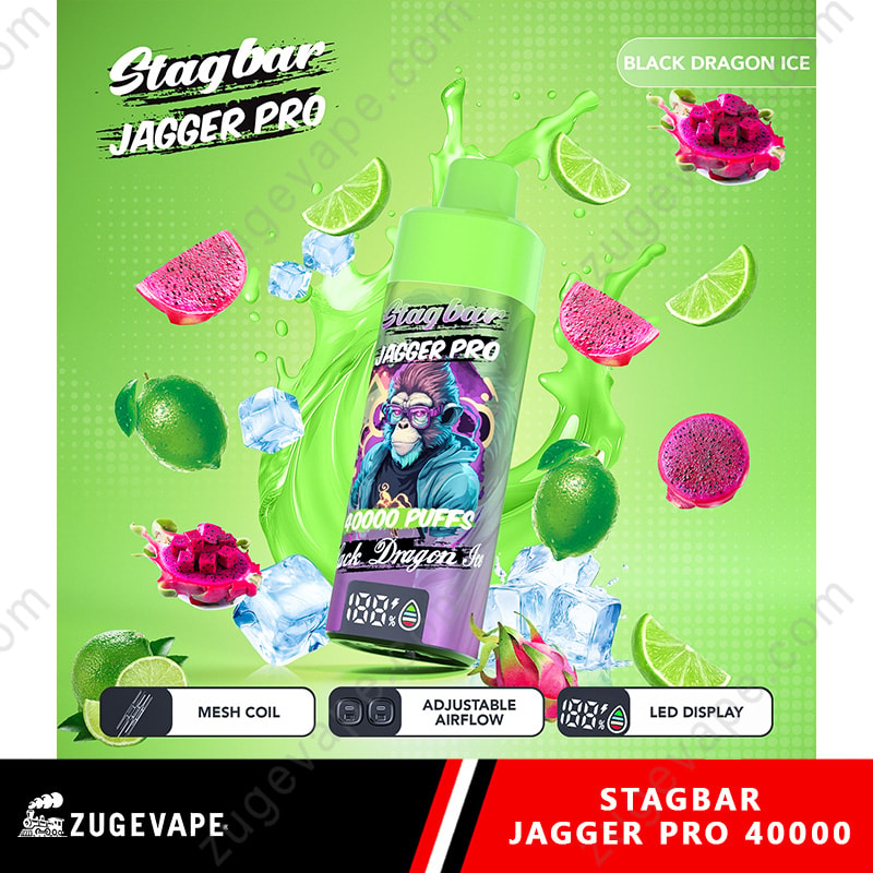 Stag Bar Jagger Pro 40000 Puffs Smart Screen Adjustable Airflow 40K Vape (Eu Warehouse) 21 Bright Green Vape Bottle Stagbar Jagger Pro With A Monkey Mascot, Amid Lime, Dragon Fruit And Ice; Flavor Black Dragon Ice.