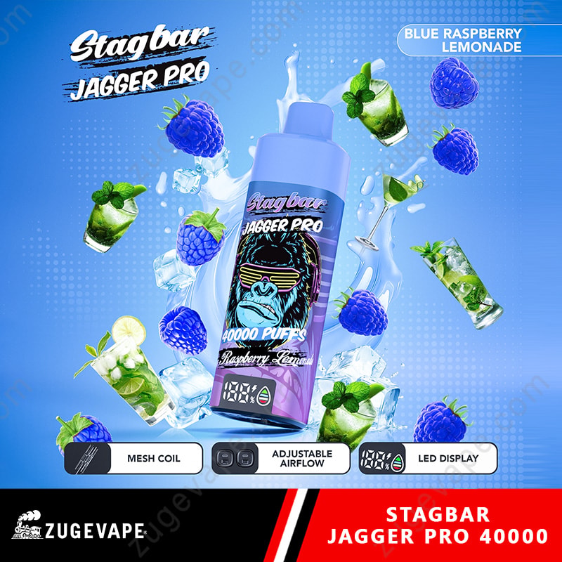 Stag Bar Jagger Pro 40000 Puffs Smart Screen Adjustable Airflow 40K Vape (Eu Warehouse) 20 Blue Gradient Stagbar Jagger Pro Vape Bottle With Raspberry Lemonade Flavor, Surrounded By Ice And Blue Raspberries.