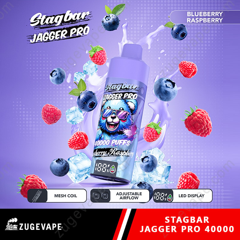 Stag Bar Jagger Pro 40000 Puffs Smart Screen Adjustable Airflow 40K Vape (Eu Warehouse) 19 Purple Stagbar Jagger Pro Vape Bottle Showcasing Blueberry Raspberry Flavor, Surrounded By Blueberries, Raspberries, And Ice With A Purple Splash.