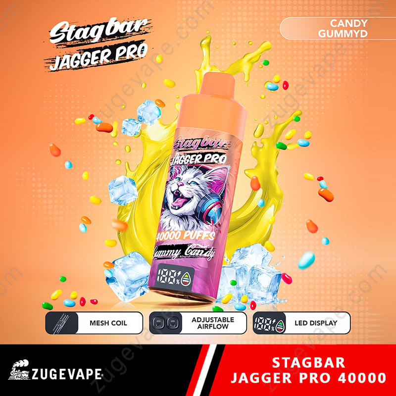 Stag Bar Jagger Pro 40000 Puffs Smart Screen Adjustable Airflow 40K Vape (Eu Warehouse) 18 Pink Vape Bottle Labeled Stagbar Jagger Pro With Cat Graphic, Yellow Splash, Ice And Colorful Candy On An Orange Background