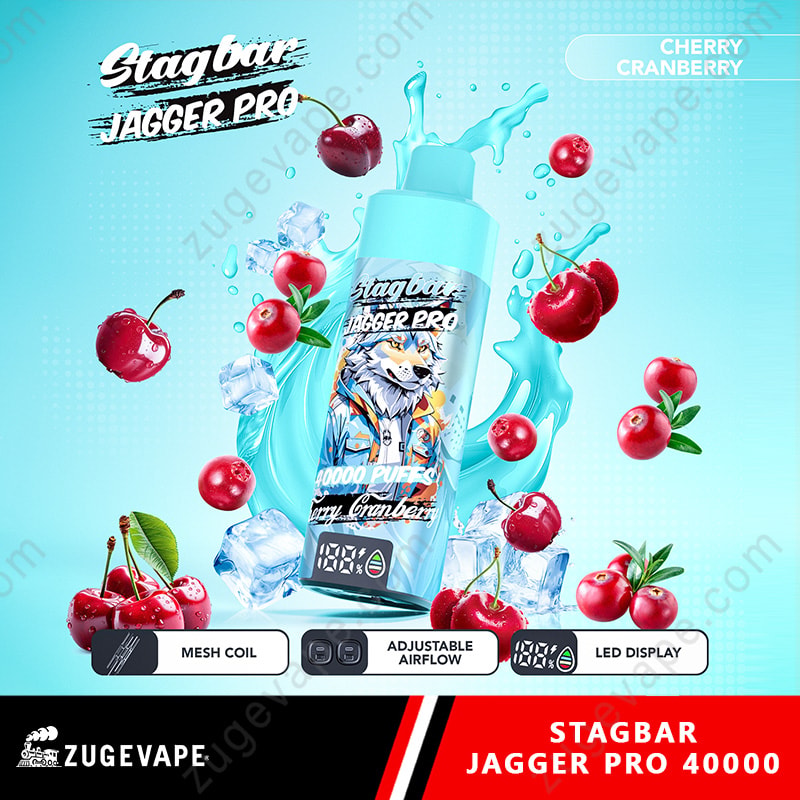 Stag Bar Jagger Pro 40000 Puffs Smart Screen Adjustable Airflow 40K Vape (Eu Warehouse) 17 Blue Stagbar Jagger Pro Bottle With Tiger Artwork, Surrounded By Cherries And Ice On A Blue Splash; Cherry Cranberry.