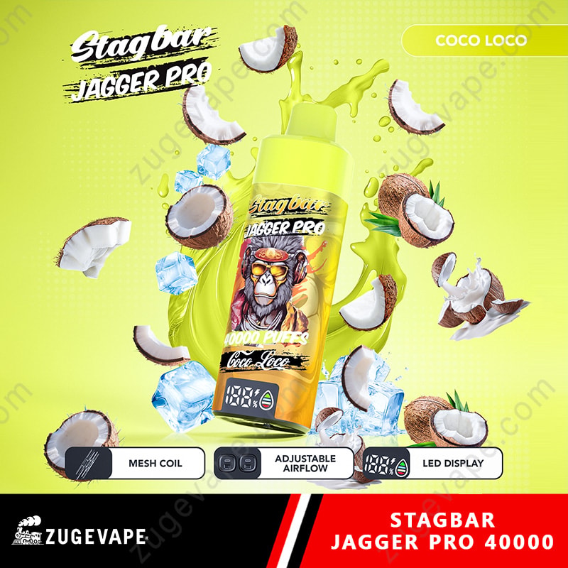 Stag Bar Jagger Pro 40000 Puffs Smart Screen Adjustable Airflow 40K Vape (Eu Warehouse) 16 Vibrant Lime Ad Featuring A Stagbar Jagger Pro Vape Bottle Labeled Coco Loco, Surrounded By Coconuts, Ice, And Lime-Green Splashes.