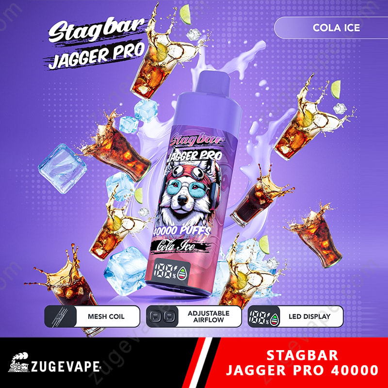 Stag Bar Jagger Pro 40000 Puffs Smart Screen Adjustable Airflow 40K Vape (Eu Warehouse) 15 Purple Stagbar Jagger Pro Vape Wolf Logo, Ice Cubes And Cola Splashes; Cola Ice Flavor, Mesh Coil And Adjustable Airflow.