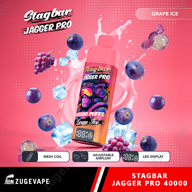 Stag Bar Jagger Pro 40000 Puffs Smart Screen Adjustable Airflow 40K Vape (Eu Warehouse) 14 Pink Stagbar Jagger Pro Vape Bottle With Bold Artwork, Surrounded By Grapes, Blueberries And Ice Cubes On A Pink Backdrop.