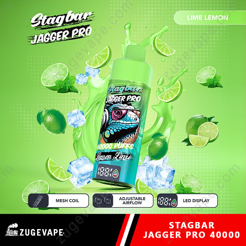 Stag Bar Jagger Pro 40000 Puffs Smart Screen Adjustable Airflow 40K Vape (Eu Warehouse) 13 Stagbar Jagger Pro Lime-Lemon Vape Bottle With A Bold Label, Surrounded By Lime Wedges And Ice On A Bright Green Background.