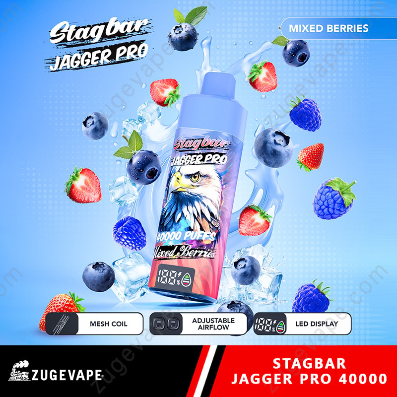 Stag Bar Jagger Pro 40000 Puffs Smart Screen Adjustable Airflow 40K Vape (Eu Warehouse) 12 Blue Stagbar Jagger Pro Vape Bottle With Eagle Logo Amid Berries And Ice, Showing Mesh Coil, Adjustable Airflow, Led Display.