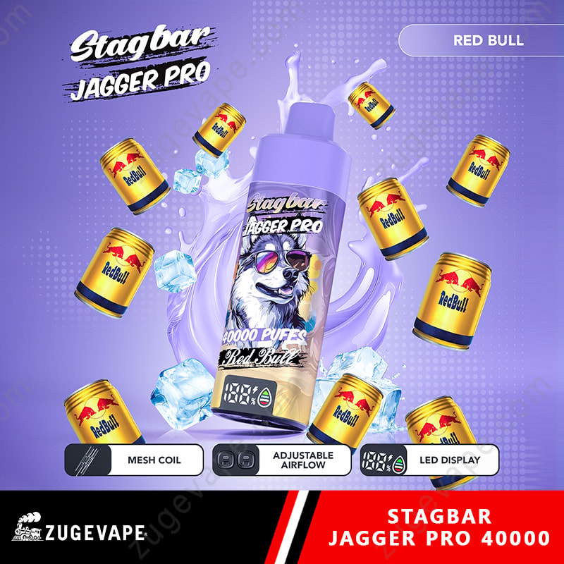 Stag Bar Jagger Pro 40000 Puffs Smart Screen Adjustable Airflow 40K Vape (Eu Warehouse) 11 Purple Stagbar Jagger Pro Vape With Red Bull Cans Around, Featuring Mesh Coil And Adjustable Airflow.