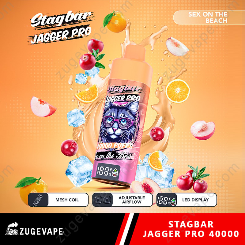Stag Bar Jagger Pro 40000 Puffs Smart Screen Adjustable Airflow 40K Vape (Eu Warehouse) 10 Stagbar Jagger Pro Vape Bottle In Pink On Orange, With Fruit And Ice; Features Mesh Coil, Adjustable Airflow, Led Display.