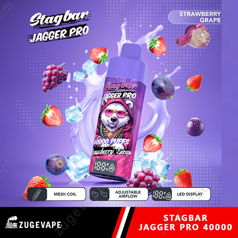 Stag Bar Jagger Pro 40000 Puffs Smart Screen Adjustable Airflow 40K Vape (Eu Warehouse) 8 Purple Stagbar Jagger Pro Vape Bottle With Splash, Surrounded By Ice And Strawberries And Grapes, Flavor Strawberry Grape.