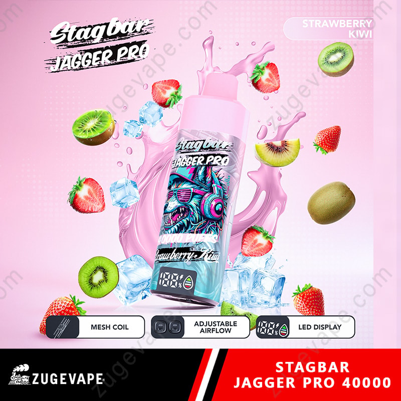 Stag Bar Jagger Pro 40000 Puffs Smart Screen Adjustable Airflow 40K Vape (Eu Warehouse) 7 Pink Gradient Ad Featuring A Stagbar Jagger Pro Vape Bottle With Graffiti Label, Surrounded By Strawberries And Kiwis.