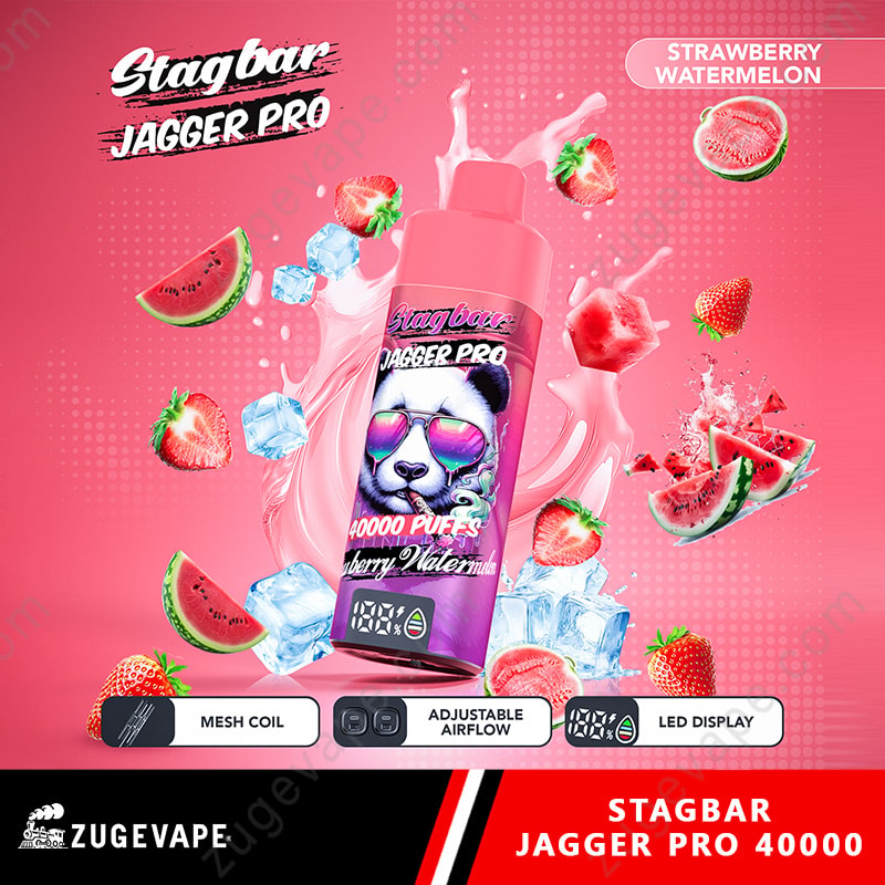 Stag Bar Jagger Pro 40000 Puffs Smart Screen Adjustable Airflow 40K Vape (Eu Warehouse) 6 Pink Vape Bottle Labeled Stagbar Jagger Pro With Panda Wearing Sunglasses, Surrounded By Strawberry And Watermelon Slices.