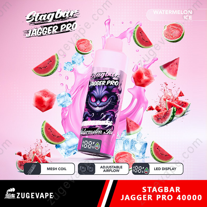 Stag Bar Jagger Pro 40000 Puffs Smart Screen Adjustable Airflow 40K Vape (Eu Warehouse) 4 Stagbar Jagger Pro Vape Bottle With Watermelon Slices And Ice, Watermelon Ice Flavor, Mesh Coil, Adjustable Airflow, Led Display.