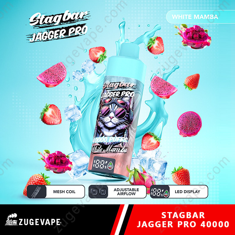 Stag Bar Jagger Pro 40000 Puffs Smart Screen Adjustable Airflow 40K Vape (Eu Warehouse) 3 Stagbar Jagger Pro Vape Bottle With Blue Cap, Cat-On-Label Art, Surrounded By Strawberries, Dragonfruit And Ice On Scene