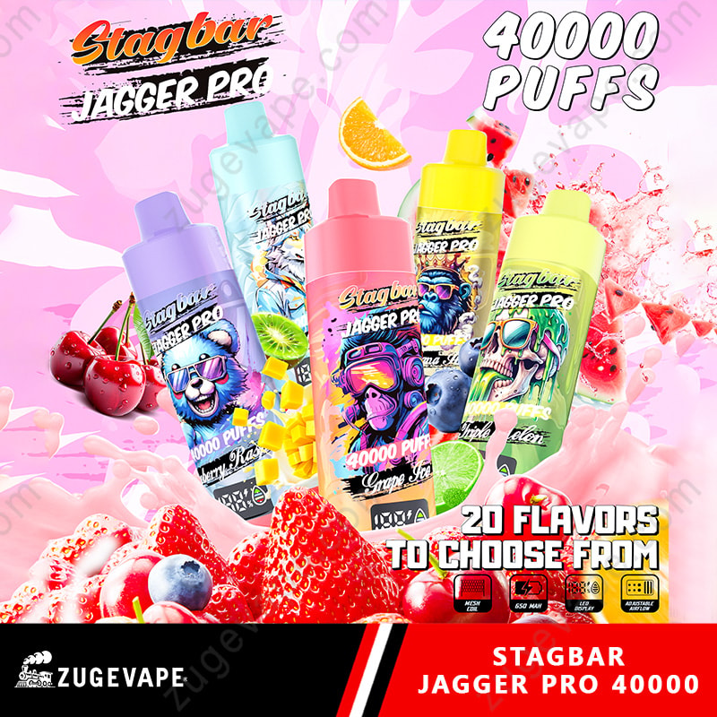 Stag Bar Jagger Pro 40000 Puffs Smart Screen Adjustable Airflow 40K Vape (Eu Warehouse) 1 Bright Ad With Several Colorful Stagbar Jagger Pro Vape Bottles With Fruity Graphics On A Pink Background, Promoting 40000 Puffs And 20 Flavors.