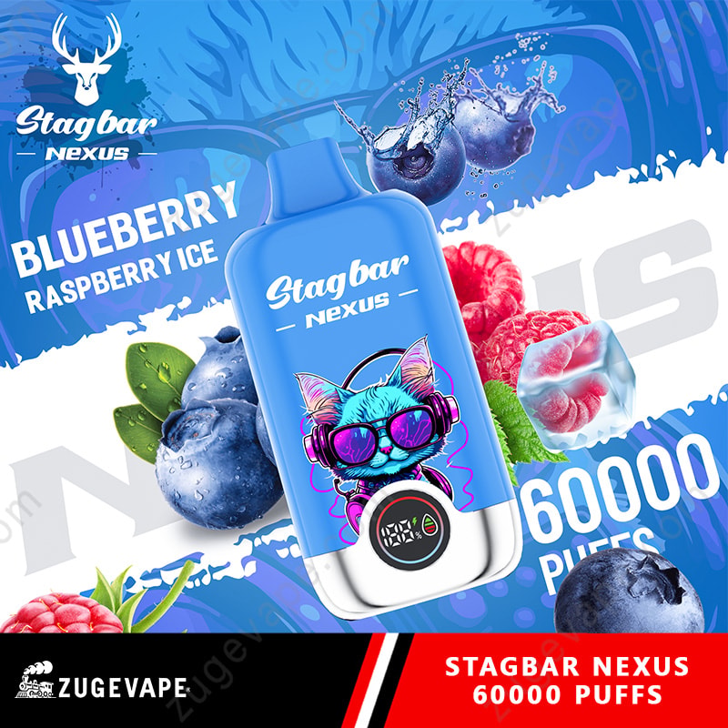 Stag Bar Nexus 60000 Puffs Smart Screen Display 60K Vape (Eu Warehouse) 12 Blue Stagbar Nexus Vape Bottle Featuring A Cartoon Cat In Sunglasses, With Blueberries And Raspberries In The Background, Flavor Blueberry Raspberry Ice.