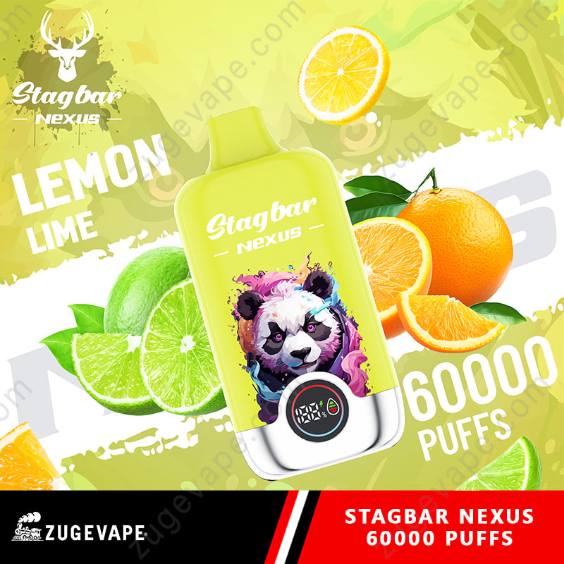 Stag Bar Nexus 60000 Puffs Smart Screen Display 60K Vape (Eu Warehouse) 11 Yellow Vape Device With Panda Artwork, Lemon And Lime Graphics, Promoting Stagbar Nexus 60,000 Puffs