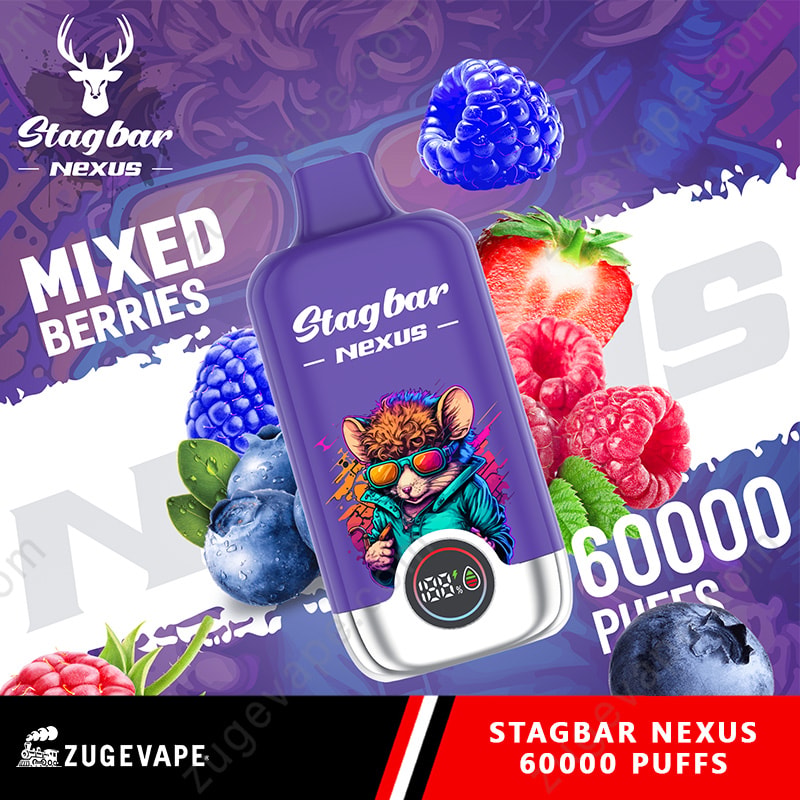 Stag Bar Nexus 60000 Puffs Smart Screen Display 60K Vape (Eu Warehouse) 9 Purple Stagbar Nexus Vape Device With A Cartoon Mouse In Sunglasses, Surrounded By Mixed Berries And 60000 Puffs.
