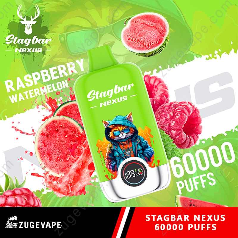 Stag Bar Nexus 60000 Puffs Smart Screen Display 60K Vape (Eu Warehouse) 7 Bright Green Stagbar Nexus Vape Bottle With A Figure, Among Raspberries And Watermelon, Raspberry Watermelon 60K Puffs.