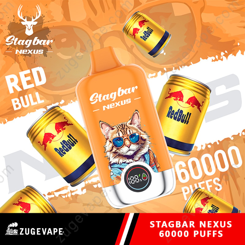 Stag Bar Nexus 60000 Puffs Smart Screen Display 60K Vape (Eu Warehouse) 6 Orange Stagbar Nexus Vape Device With A Cat In Blue Sunglasses, Surrounded By Red Bull Cans And 60000 Puffs Text.