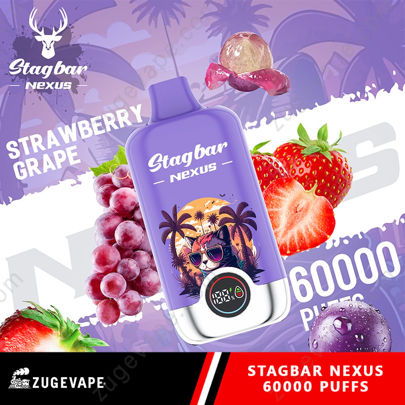 Stag Bar Nexus 60000 Puffs Smart Screen Display 60K Vape (Eu Warehouse) 5 Purple Stagbar Nexus Vape Device With A Tropical Palm Scene On The Label, Set Among Strawberries And Grapes.