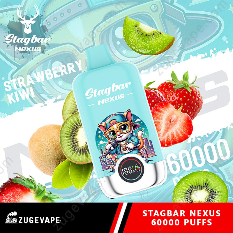 Stag Bar Nexus 60000 Puffs Smart Screen Display 60K Vape (Eu Warehouse) 4 Light Blue Stagbar Nexus Vape Device With Cartoon Cat On The Label, Surrounded By Strawberries And Kiwis.