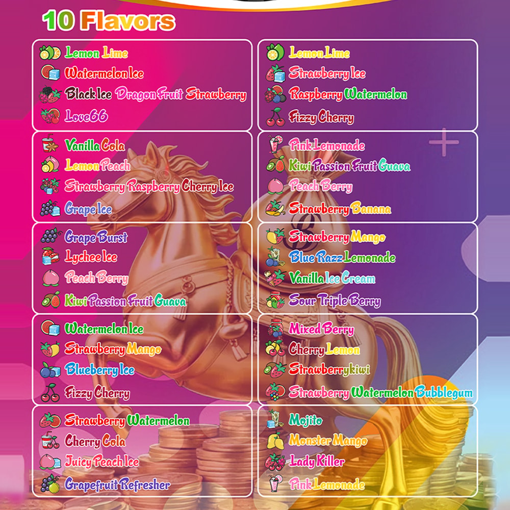Le roi 250000 de coup souffle 4 dans 1 saveurs 250K Vape jetable 2 Menu violet vif de 10 saveurs avec deux colonnes de boîtes de saveurs colorées et d'icônes de fruits.