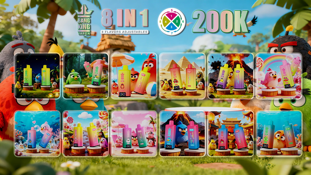 Bang King 200K – 8 In 1 Flavors Disposable Vape | 200,000 Puffs 15 Bright Banner Promoting 8 In 1 Vape Flavors, Bang King 200K, With Many Colorful Bottle Panels Against A Tropical Angry Birds Scene.