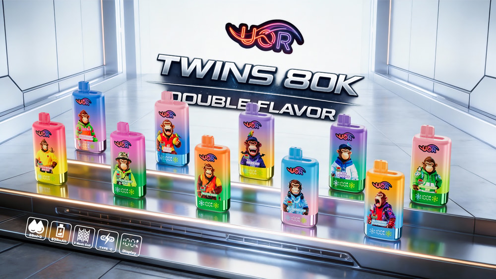 Uor Twins 80000 Puffs Double Flavor Smart Screen Display 80K Vape 13 Row Of Colorful Twin-Flavor Bottles With Monkey Graphics On A Metallic Display, Backdrop Shows Uor Twins 80000 Puffs And Double Flavor.