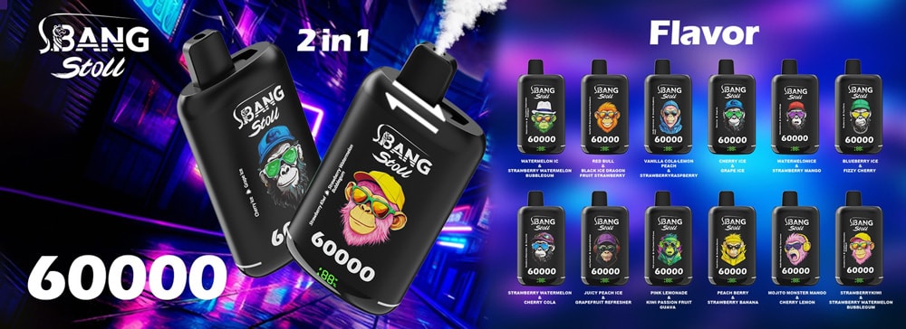 Colorful Vaping Device Ad Featuring Two Black Bang Leader Stoll 60000 Puffs Pods In The Foreground And A Row Of Smaller Flavor Bottles Labeled Flavor In The Background, With Neon Purple-Blue Lighting And &Quot;60000&Quot; Prominent Text.