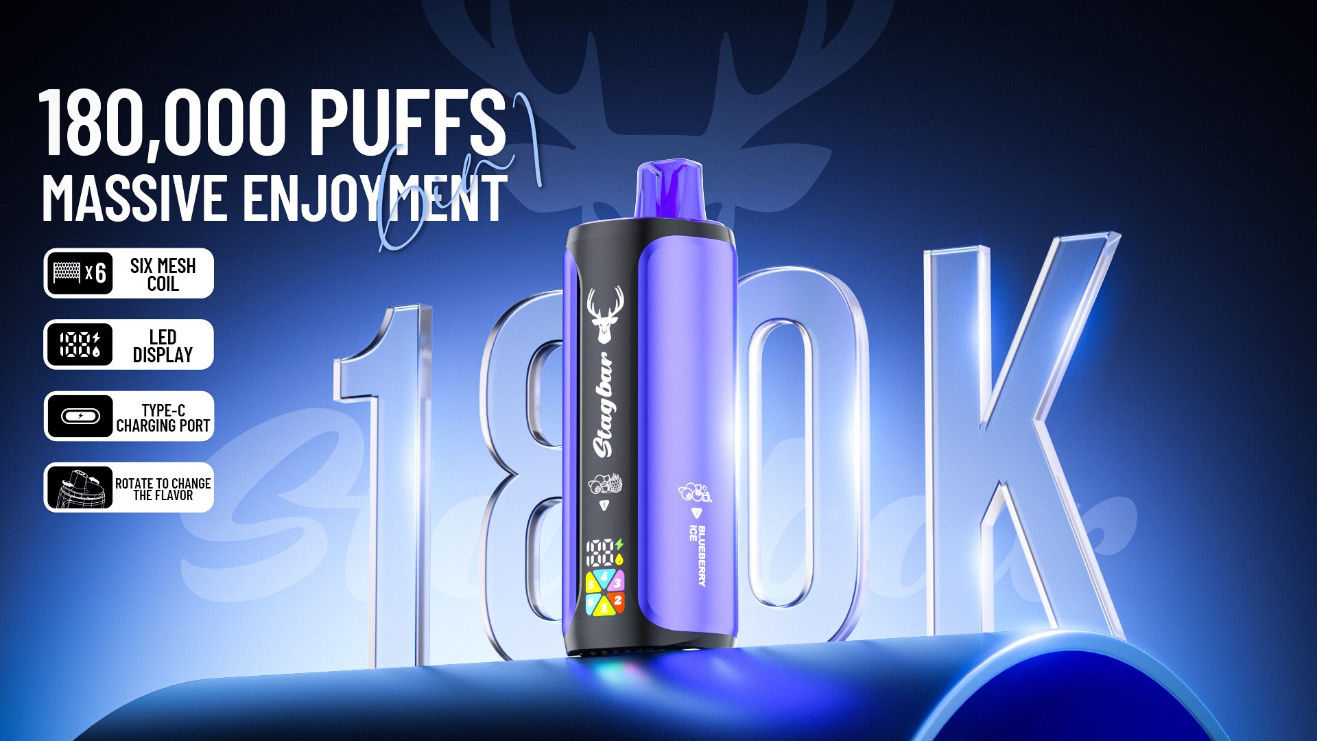 Tragbare Purple Stag Bar 6In1 180K Puffs mit schwarzem Griff, stehend auf einer blauen, gebogenen Oberfläche, großem durchscheinenden “180K”-Hintergrund und Funktionssymbolen auf der linken Seite mit sechs Mesh-Spule, LED-Anzeige, USB-C-Anschluss und Geschmacksrad.
